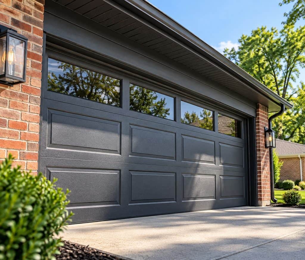 Modern dark gray garage door installed on a brick home in Macomb County.
