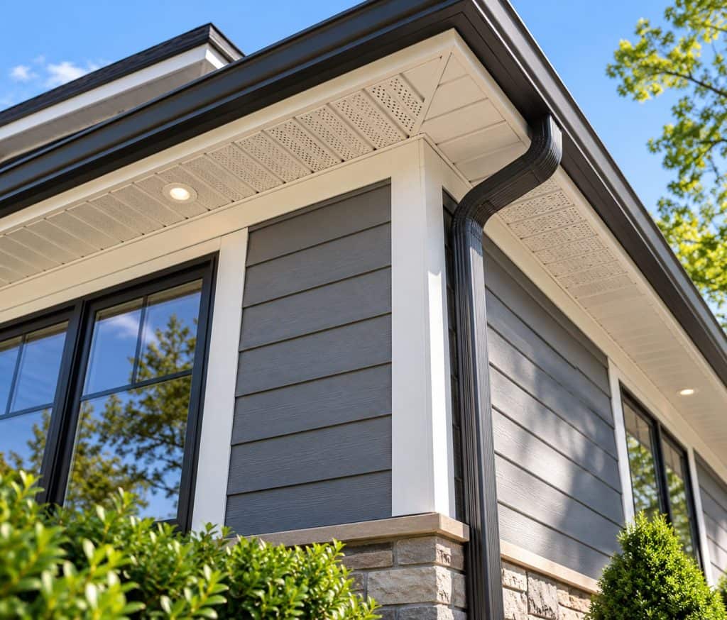 Modern home exterior upgrade featuring new siding, aluminum trim, and black gutters in Macomb County